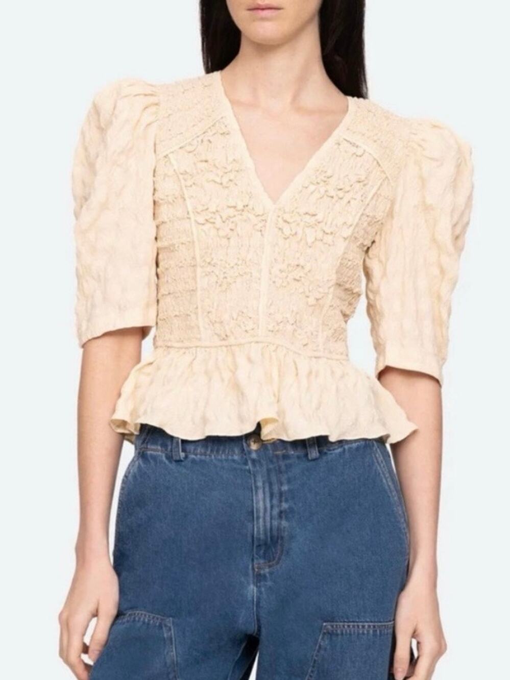 Sea New York Piero Smocked Peplum Top in Yellow Size Small